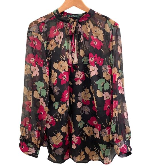 Lauren Ralph Lauren Floral Blouse Top Sheer Black Career Whimsygoth Womens 1X - Picture 1 of 15
